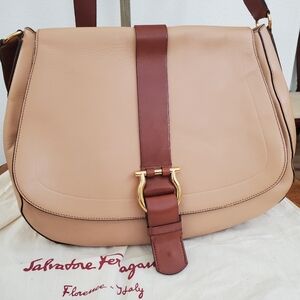 Salvatore Ferragamo Emilia Two-Tone Tan and Brown Leather Shoulder Bag